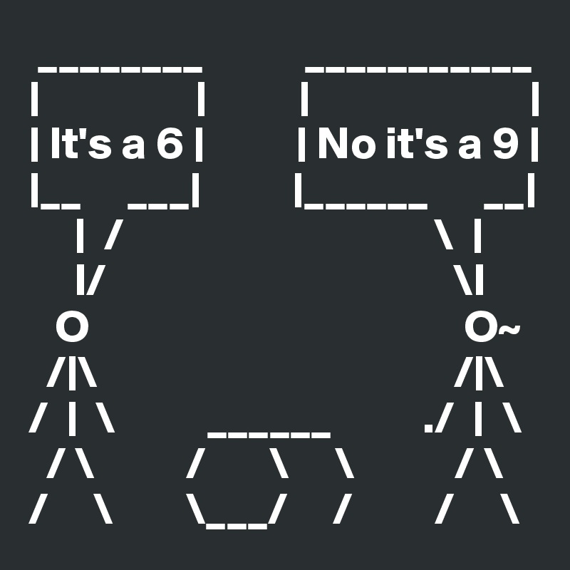  ________           ___________
|                 |          |                        |
| It's a 6 |          | No it's a 9 |
|__     ___|          |______      __|
     |  /                                  \  |
     I/                                      \I
   O                                         O~
  /|\                                       /|\
/  |  \          ______          ./  |  \
  / \          /       \     \           / \
/     \        \___/     /         /     \