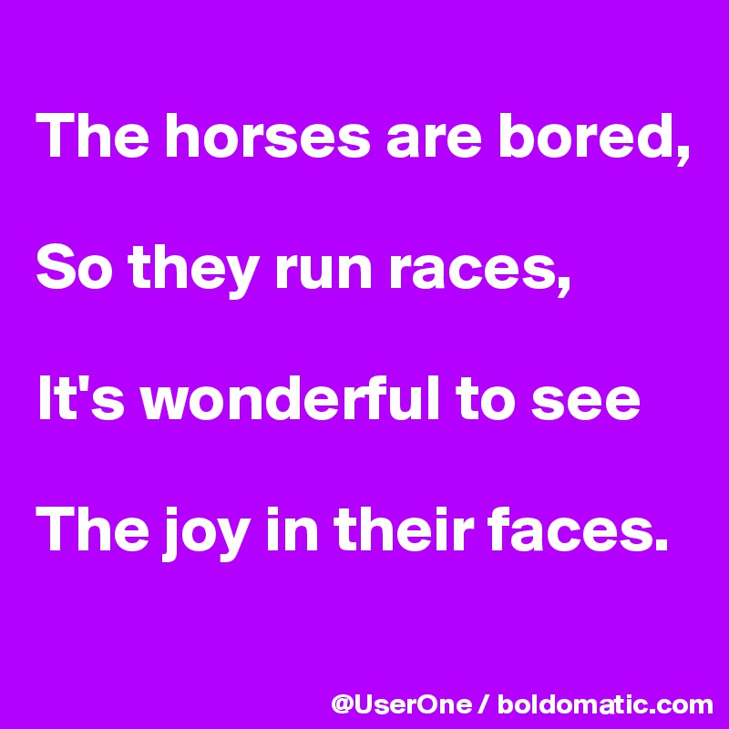 
The horses are bored,

So they run races,

It's wonderful to see

The joy in their faces.
