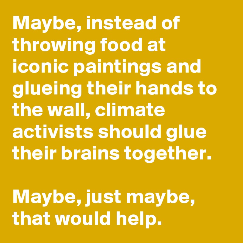 Maybe, instead of throwing food at iconic paintings and glueing their hands to the wall, climate activists should glue their brains together.

Maybe, just maybe, that would help.