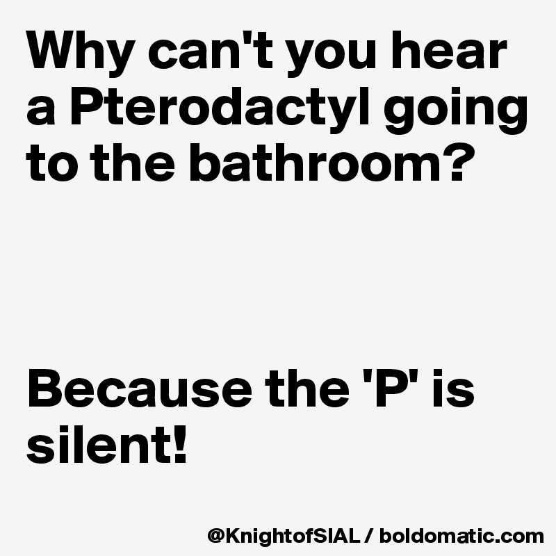 Why can't you hear a Pterodactyl going to the bathroom?



Because the 'P' is silent!