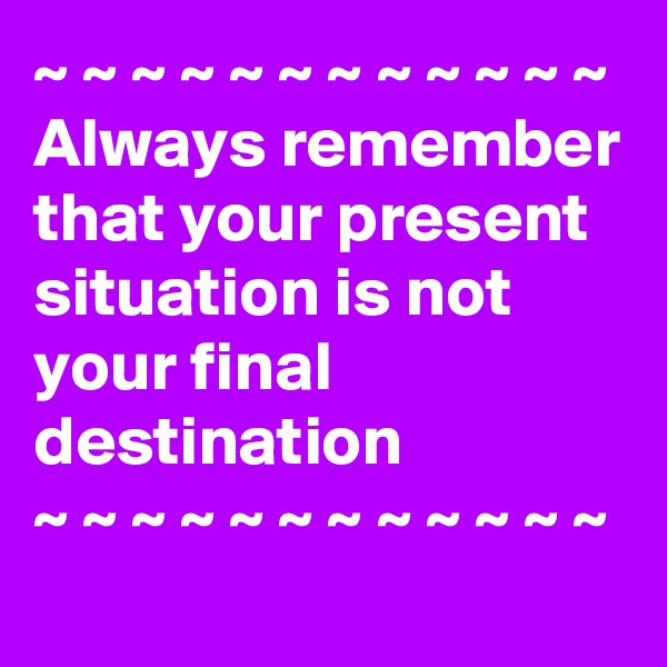 ~ ~ ~ ~ ~ ~ ~ ~ ~ ~ ~ ~
Always remember that your present situation is not your final destination
~ ~ ~ ~ ~ ~ ~ ~ ~ ~ ~ ~