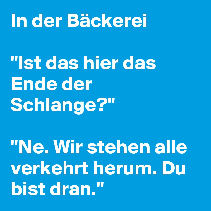 In der Bäckerei

"Ist das hier das Ende der Schlange?"

"Ne. Wir stehen alle verkehrt herum. Du bist dran."
