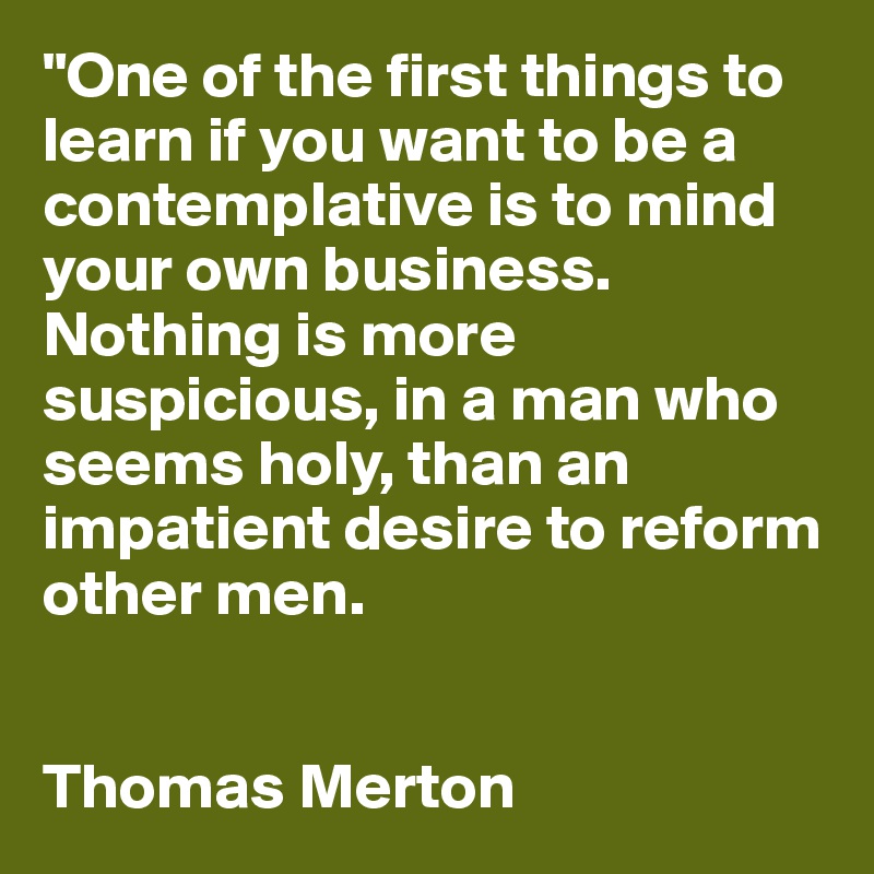 "One of the first things to learn if you want to be a contemplative is to mind your own business. 
Nothing is more suspicious, in a man who seems holy, than an impatient desire to reform other men.


Thomas Merton