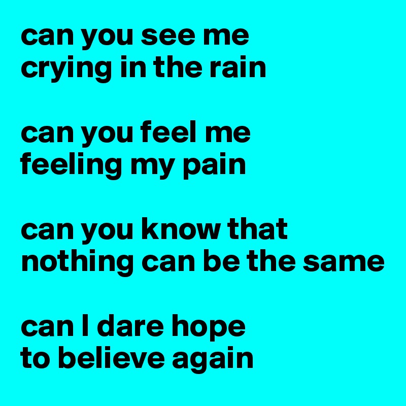 can you see me 
crying in the rain

can you feel me 
feeling my pain

can you know that nothing can be the same

can I dare hope 
to believe again