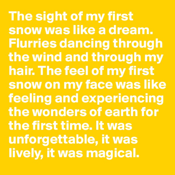The sight of my first snow was like a dream. Flurries dancing through the wind and through my hair. The feel of my first snow on my face was like feeling and experiencing the wonders of earth for the first time. It was unforgettable, it was lively, it was magical. 