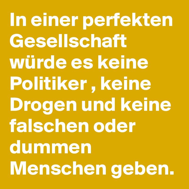 In einer perfekten Gesellschaft würde es keine Politiker , keine Drogen und keine falschen oder dummen Menschen geben.
