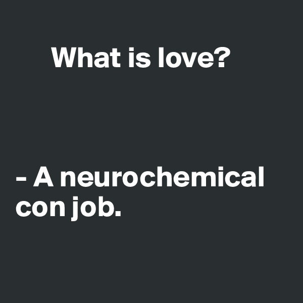 
      What is love?



- A neurochemical con job.

