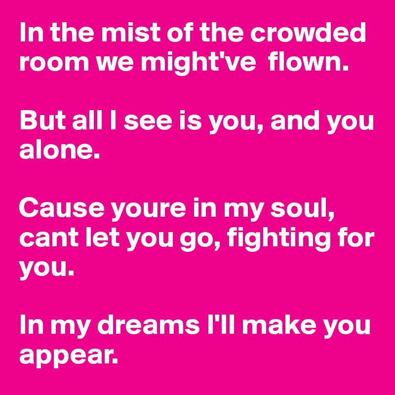 In the mist of the crowded room we might've  flown.

But all I see is you, and you alone.

Cause youre in my soul, cant let you go, fighting for you.

In my dreams I'll make you appear.