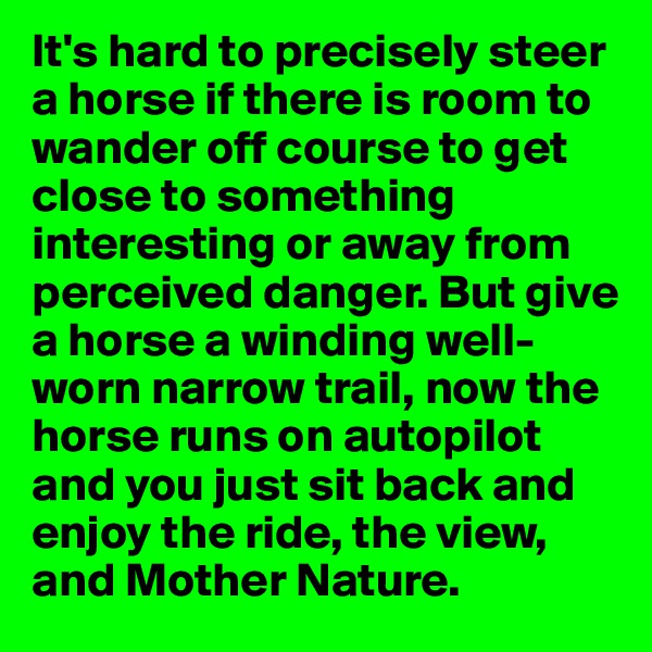 It's hard to precisely steer a horse if there is room to wander off course to get close to something interesting or away from perceived danger. But give a horse a winding well-worn narrow trail, now the horse runs on autopilot and you just sit back and enjoy the ride, the view, and Mother Nature. 