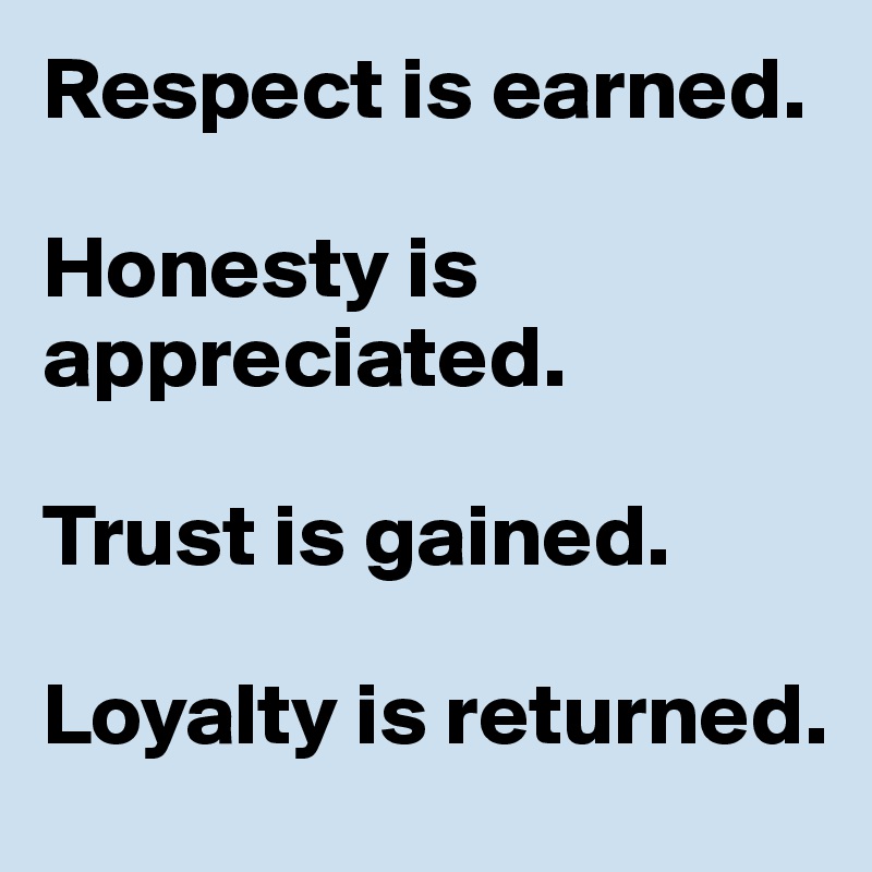 Respect is earned. 

Honesty is appreciated. 

Trust is gained. 

Loyalty is returned.