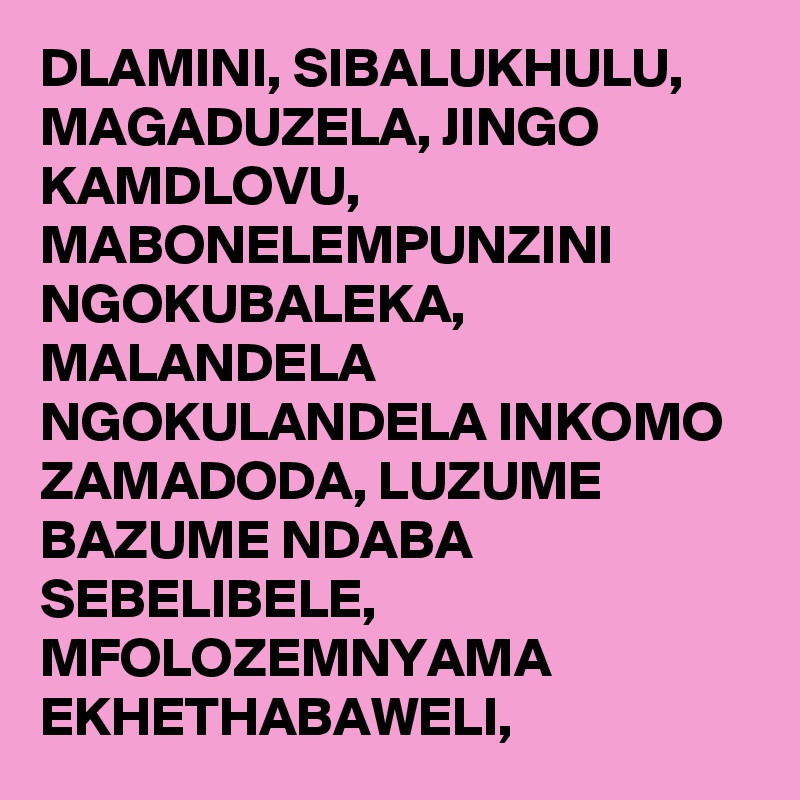 DLAMINI, SIBALUKHULU, MAGADUZELA, JINGO KAMDLOVU, MABONELEMPUNZINI NGOKUBALEKA, MALANDELA NGOKULANDELA INKOMO ZAMADODA, LUZUME BAZUME NDABA SEBELIBELE, MFOLOZEMNYAMA EKHETHABAWELI,