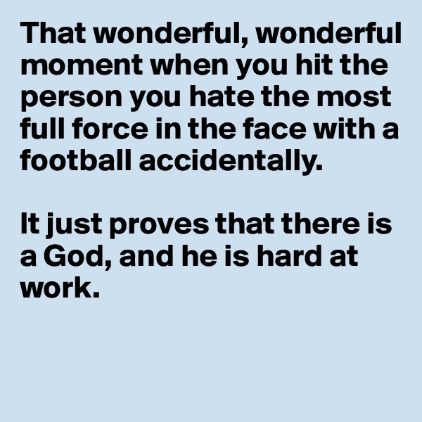 That wonderful, wonderful moment when you hit the person you hate the most full force in the face with a football accidentally. 

It just proves that there is a God, and he is hard at work. 

