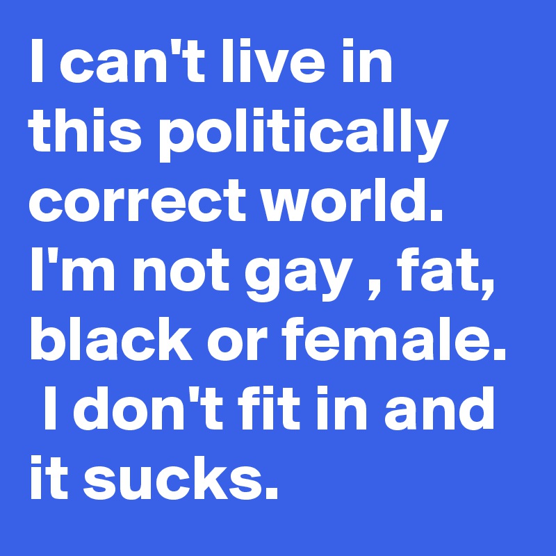 I can't live in this politically correct world.  I'm not gay , fat, black or female.  I don't fit in and it sucks. 