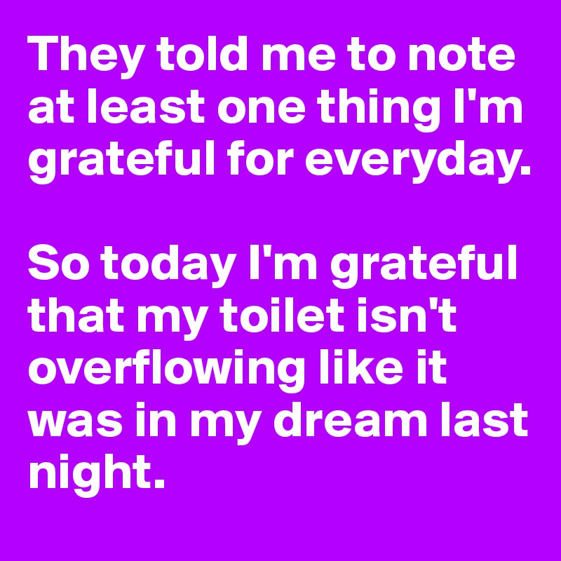 They told me to note at least one thing I'm grateful for everyday.

So today I'm grateful that my toilet isn't overflowing like it was in my dream last night.