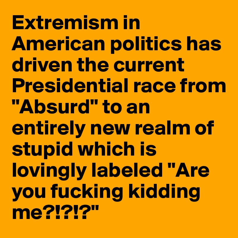 Extremism in American politics has driven the current Presidential race from "Absurd" to an entirely new realm of stupid which is lovingly labeled "Are you fucking kidding me?!?!?"