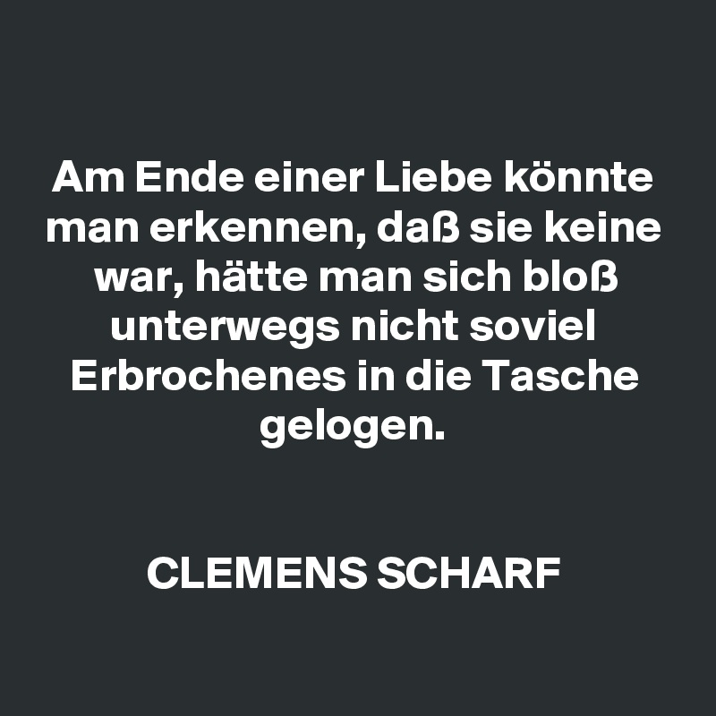 Am Ende Einer Liebe Konnte Man Erkennen Dass Sie Keine War Hatte Man Sich Bloss Unterwegs Nicht Soviel Erbrochenes In Die Tasche Gelogen Clemens Scharf Post By Pueppirazza On Boldomatic