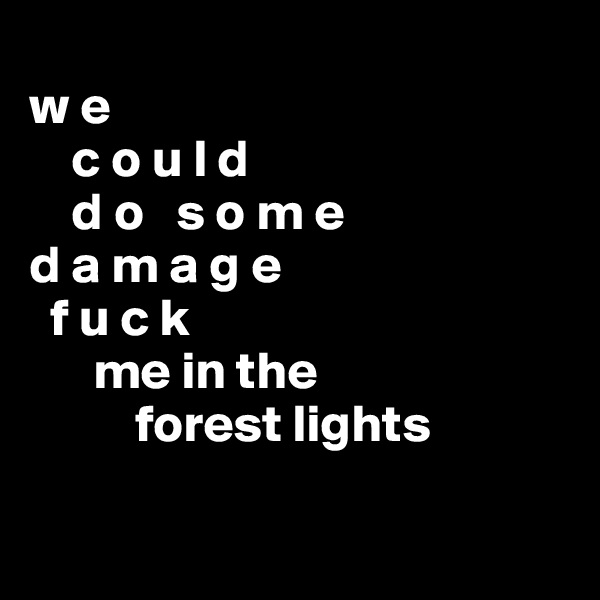 
w e
    c o u l d 
    d o   s o m e 
d a m a g e 
  f u c k 
      me in the
          forest lights

