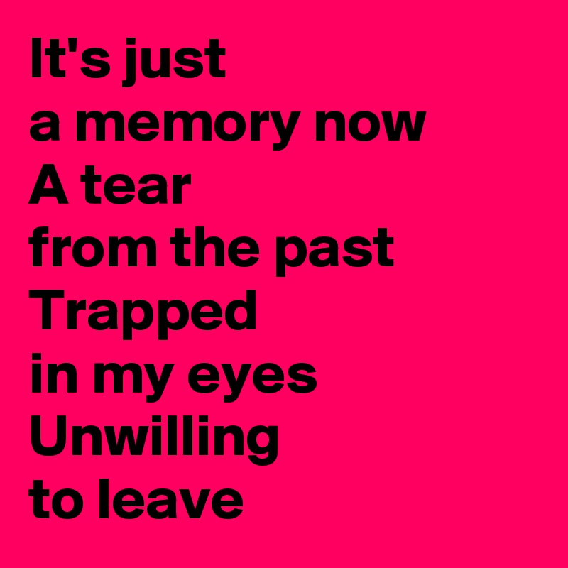 It's just 
a memory now
A tear 
from the past
Trapped 
in my eyes
Unwilling 
to leave