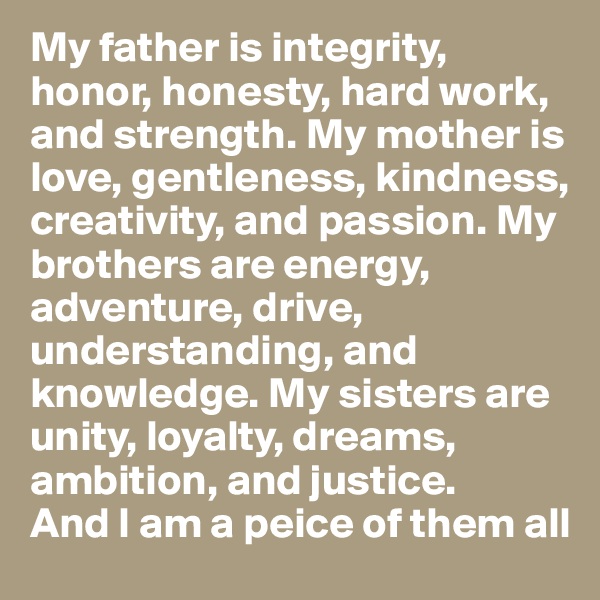 My father is integrity, honor, honesty, hard work, and strength. My mother is love, gentleness, kindness, creativity, and passion. My brothers are energy, adventure, drive, understanding, and knowledge. My sisters are unity, loyalty, dreams, ambition, and justice. 
And I am a peice of them all