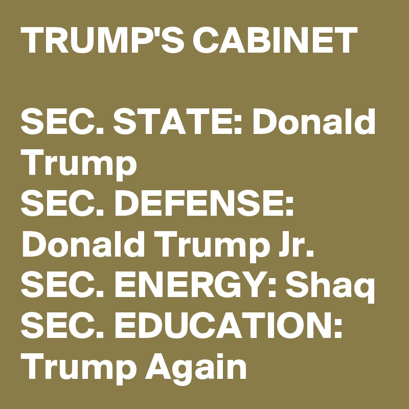 TRUMP'S CABINET

SEC. STATE: Donald Trump
SEC. DEFENSE: Donald Trump Jr.
SEC. ENERGY: Shaq
SEC. EDUCATION: Trump Again