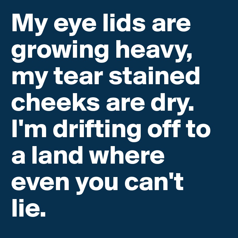 My eye lids are growing heavy, my tear stained cheeks are dry. I'm drifting off to a land where even you can't  lie.