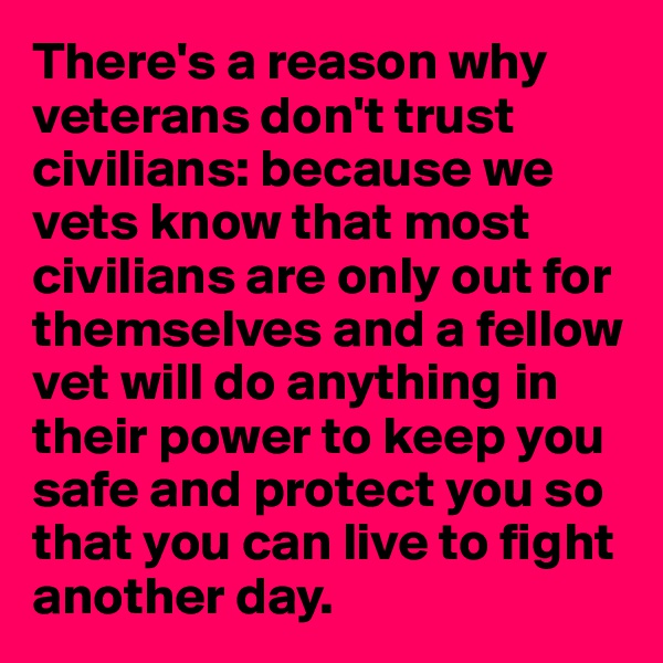 There's a reason why veterans don't trust civilians: because we vets know that most civilians are only out for themselves and a fellow vet will do anything in their power to keep you safe and protect you so that you can live to fight another day.