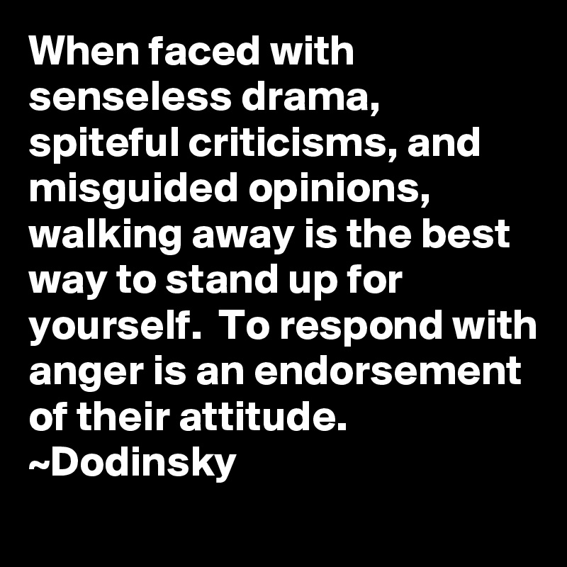 When faced with senseless drama, spiteful criticisms, and misguided opinions, walking away is the best way to stand up for yourself.  To respond with anger is an endorsement of their attitude.
~Dodinsky