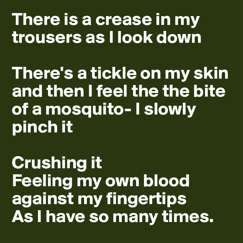 There is a crease in my trousers as I look down

There's a tickle on my skin and then I feel the the bite of a mosquito- I slowly pinch it

Crushing it
Feeling my own blood against my fingertips
As I have so many times.