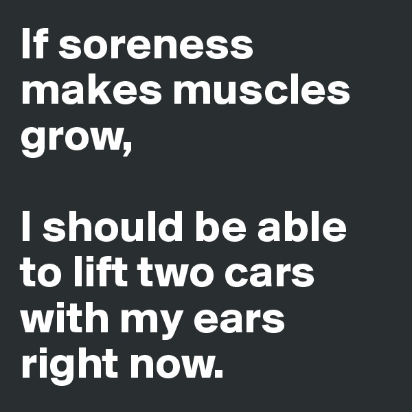 If soreness makes muscles grow,

I should be able to lift two cars with my ears right now.