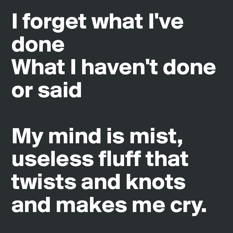 I forget what I've done
What I haven't done or said

My mind is mist, useless fluff that twists and knots and makes me cry.