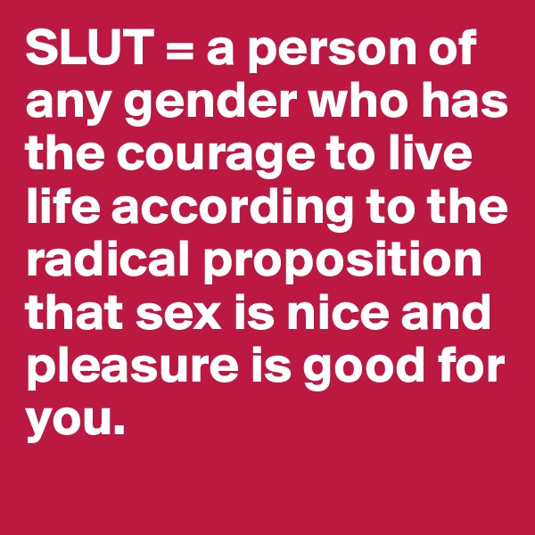 SLUT = a person of any gender who has the courage to live life according to the radical proposition that sex is nice and pleasure is good for you.