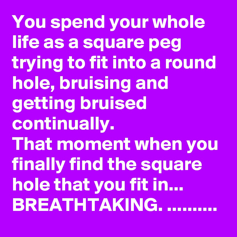 You spend your whole life as a square peg trying to fit into a round hole, bruising and getting bruised continually.
That moment when you finally find the square hole that you fit in...
BREATHTAKING. ..........