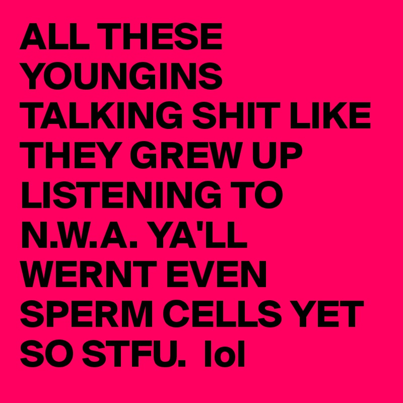 ALL THESE YOUNGINS TALKING SHIT LIKE THEY GREW UP LISTENING TO N.W.A. YA'LL WERNT EVEN SPERM CELLS YET SO STFU.  lol