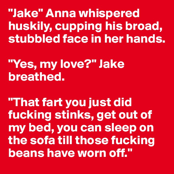 "Jake" Anna whispered huskily, cupping his broad, stubbled face in her hands.

"Yes, my love?" Jake breathed.

"That fart you just did fucking stinks, get out of  my bed, you can sleep on the sofa till those fucking beans have worn off."