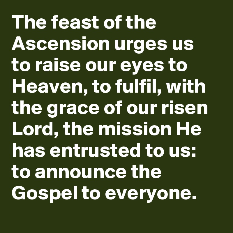 The feast of the Ascension urges us to raise our eyes to Heaven, to fulfil, with the grace of our risen Lord, the mission He has entrusted to us: to announce the Gospel to everyone.