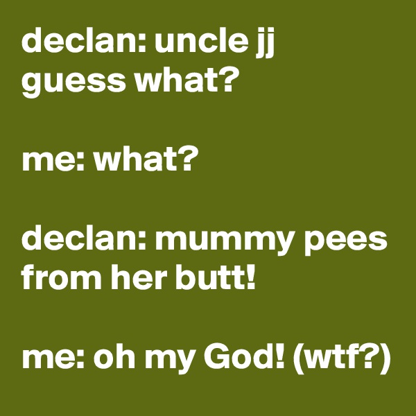 declan: uncle jj
guess what?

me: what?

declan: mummy pees from her butt!

me: oh my God! (wtf?)