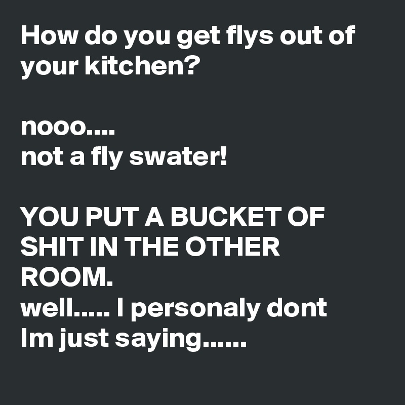 How do you get flys out of your kitchen?

nooo....
not a fly swater!

YOU PUT A BUCKET OF SHIT IN THE OTHER ROOM.
well..... I personaly dont
Im just saying......
