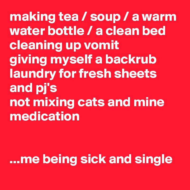 making tea / soup / a warm water bottle / a clean bed
cleaning up vomit
giving myself a backrub
laundry for fresh sheets and pj's
not mixing cats and mine medication


...me being sick and single