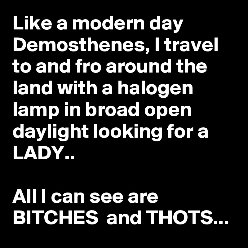 Like a modern day Demosthenes, I travel to and fro around the land with a halogen lamp in broad open daylight looking for a LADY..

All I can see are BITCHES  and THOTS...