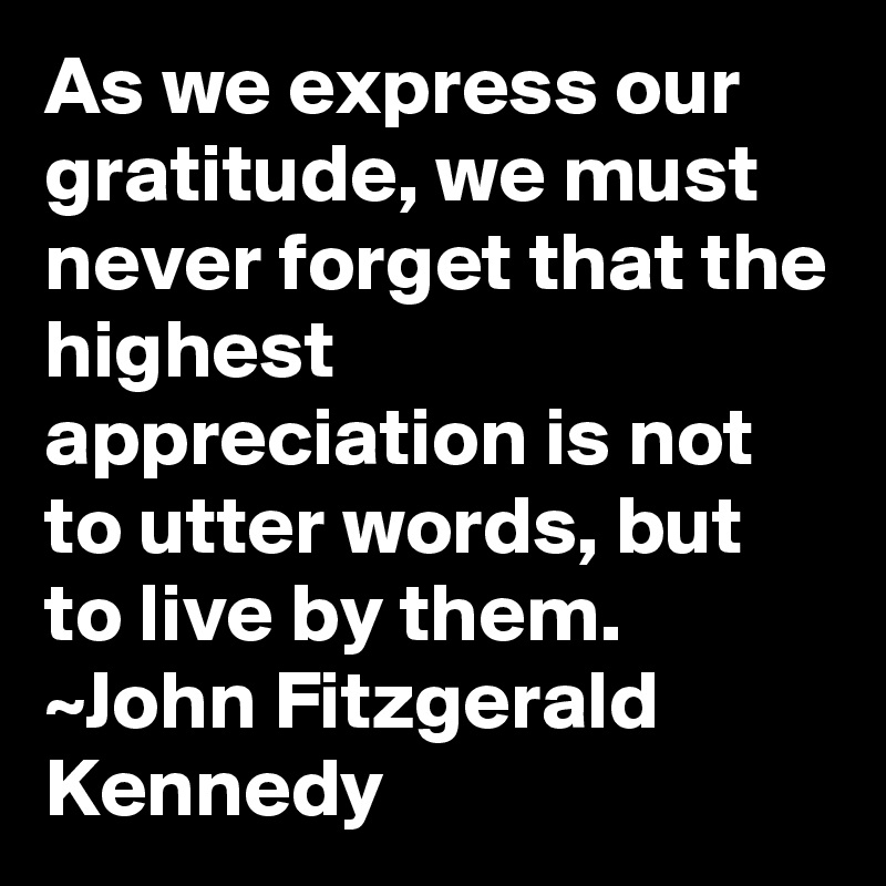 As we express our gratitude, we must never forget that the highest appreciation is not to utter words, but to live by them.
~John Fitzgerald Kennedy