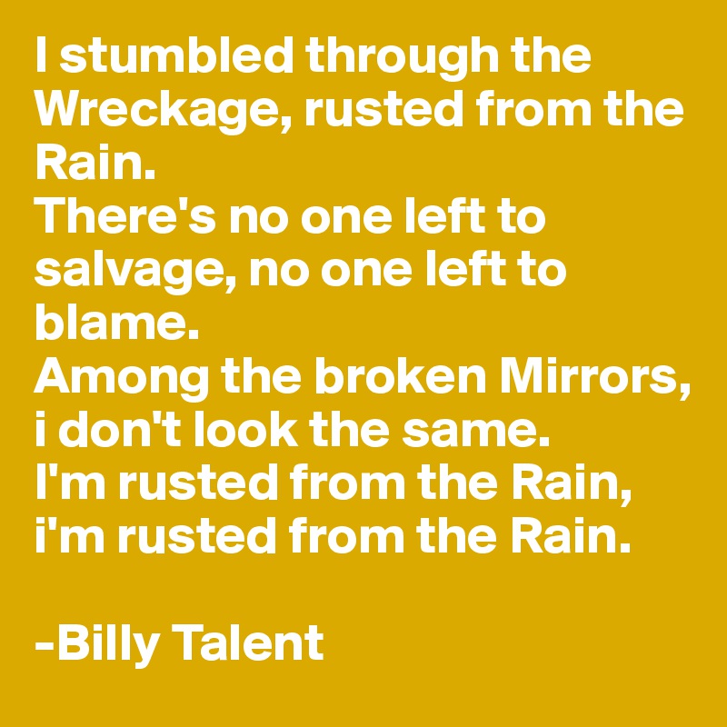 I stumbled through the Wreckage, rusted from the Rain.
There's no one left to salvage, no one left to blame.
Among the broken Mirrors, i don't look the same.
I'm rusted from the Rain, i'm rusted from the Rain.

-Billy Talent