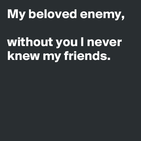 My beloved enemy,

without you I never knew my friends.




