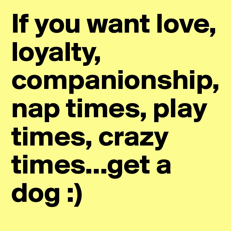 If you want love, loyalty, companionship, nap times, play times, crazy times...get a dog :)