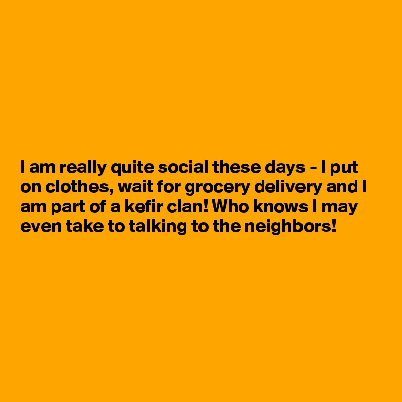 






I am really quite social these days - I put on clothes, wait for grocery delivery and I am part of a kefir clan! Who knows I may even take to talking to the neighbors!





