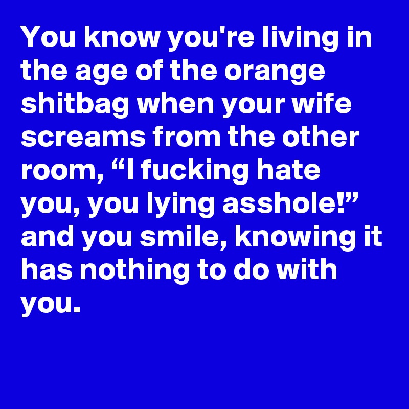 You know you're living in the age of the orange shitbag when your wife screams from the other room, “I fucking hate you, you lying asshole!” and you smile, knowing it has nothing to do with you.

