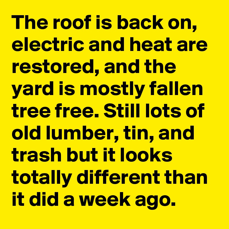 The roof is back on, electric and heat are restored, and the yard is mostly fallen tree free. Still lots of old lumber, tin, and trash but it looks totally different than it did a week ago.