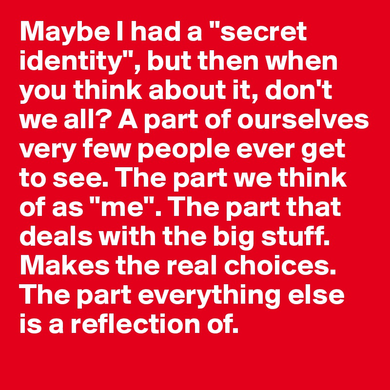 Maybe I had a "secret identity", but then when you think about it, don't we all? A part of ourselves very few people ever get to see. The part we think of as "me". The part that deals with the big stuff. Makes the real choices. The part everything else is a reflection of.
