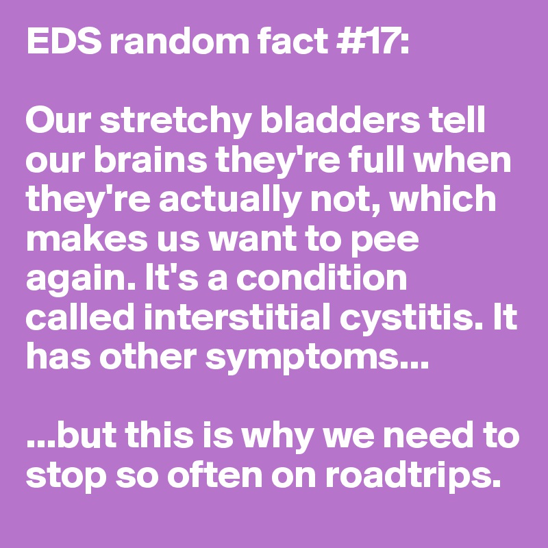 EDS random fact #17:

Our stretchy bladders tell our brains they're full when they're actually not, which makes us want to pee again. It's a condition called interstitial cystitis. It has other symptoms...

...but this is why we need to stop so often on roadtrips.