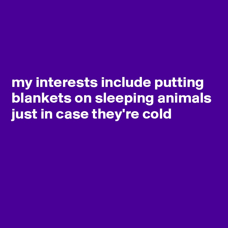 



my interests include putting blankets on sleeping animals just in case they're cold




