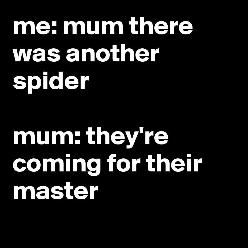 me: mum there was another spider

mum: they're coming for their master
